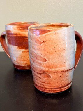 Set of 2 Spencer Bernhardt Signed Handcrafted Studio Art Pottery Salt-Glaze Mugs